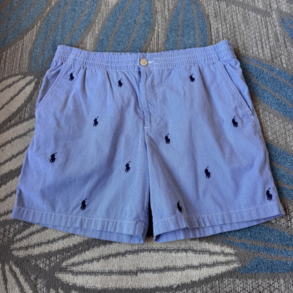 Polo Ralph Lauren Boys Pony Seersucker Blue White Striped Shorts Size 20